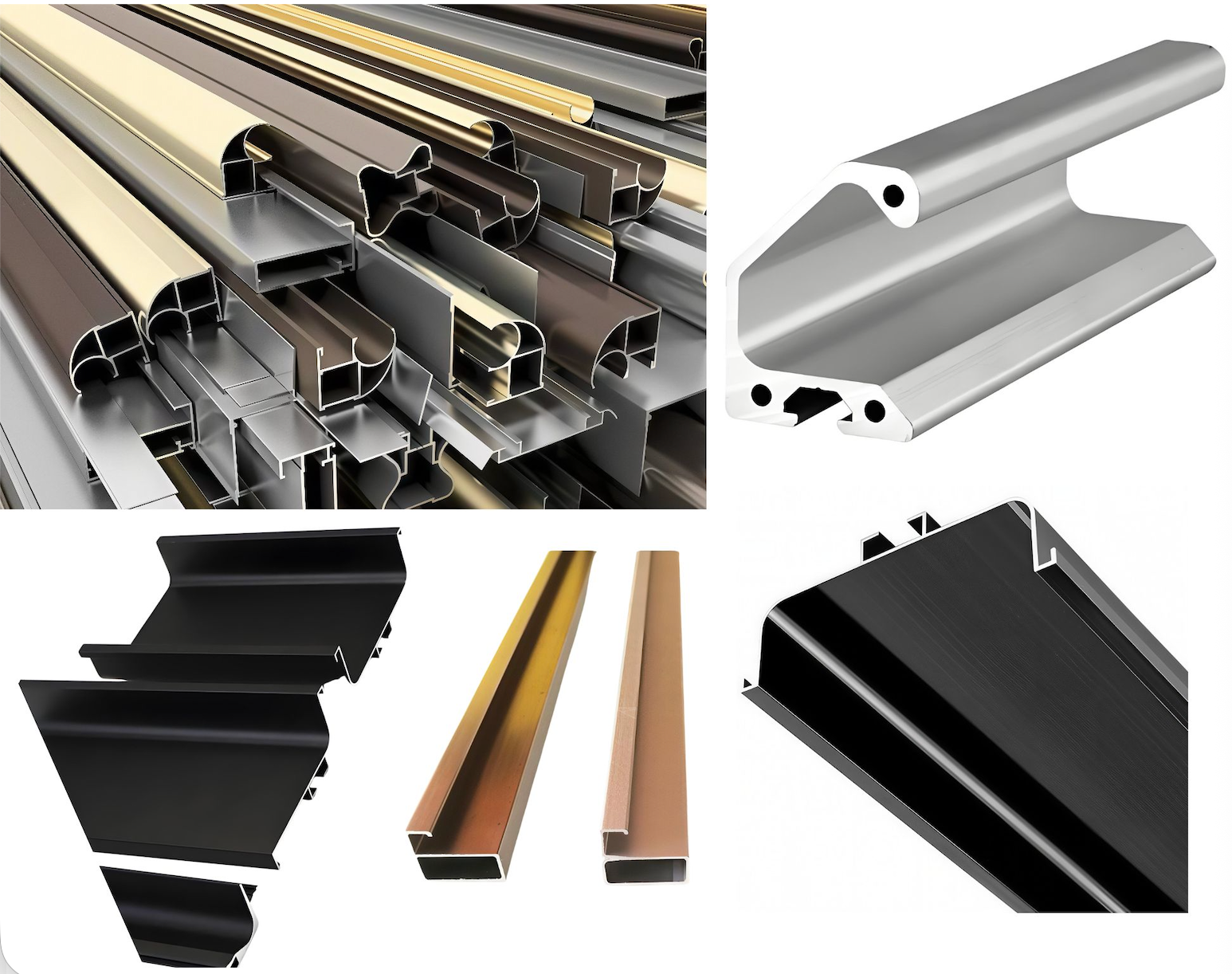 Furniture aluminum profiles in silver, gold, bronze and black anodized finishes