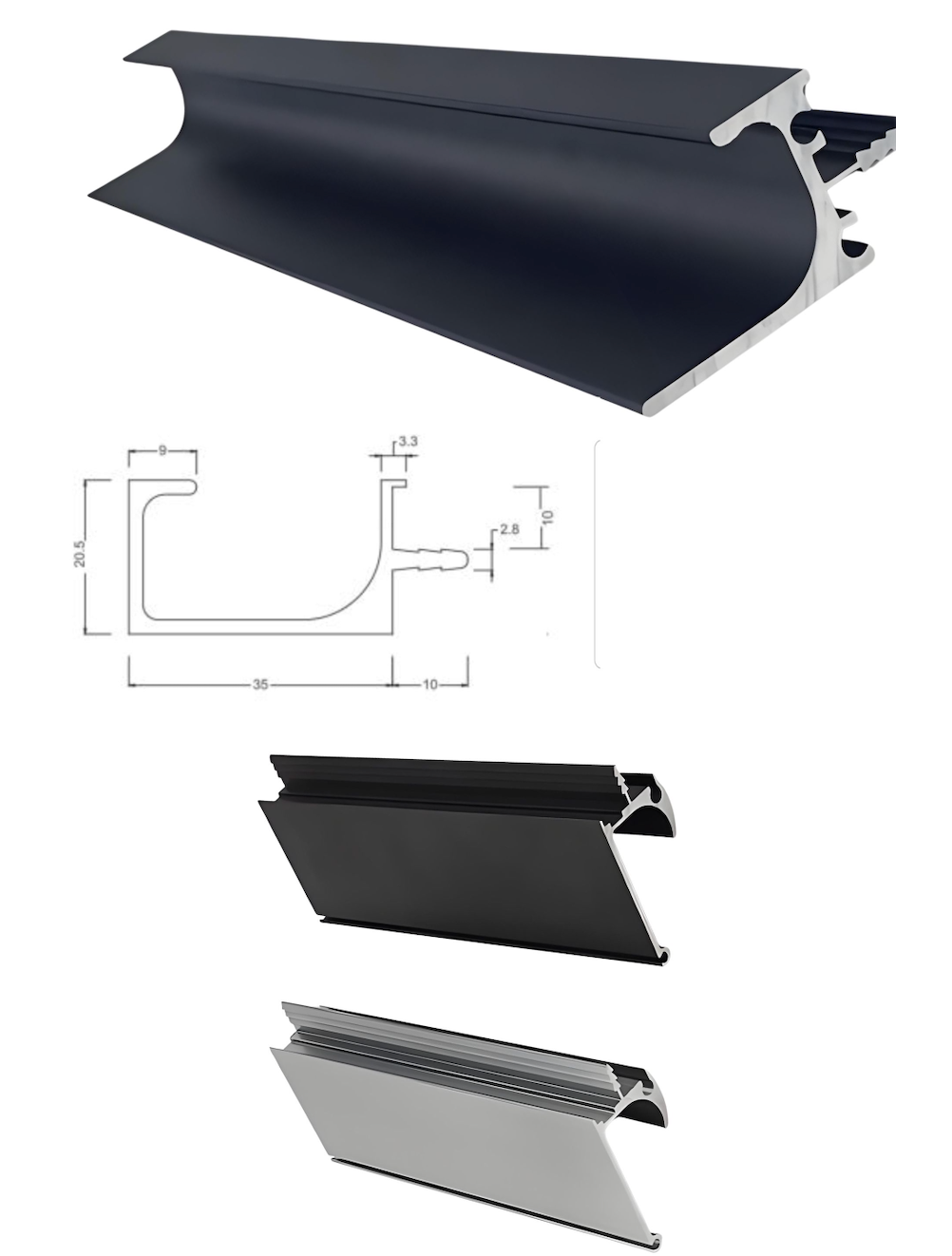 Black anodized J-profile for handleless cabinet fronts, with section drawing